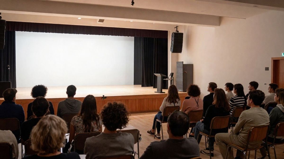 Illustrative image: modern library room with an empty stage and warm lights during an awards gala.