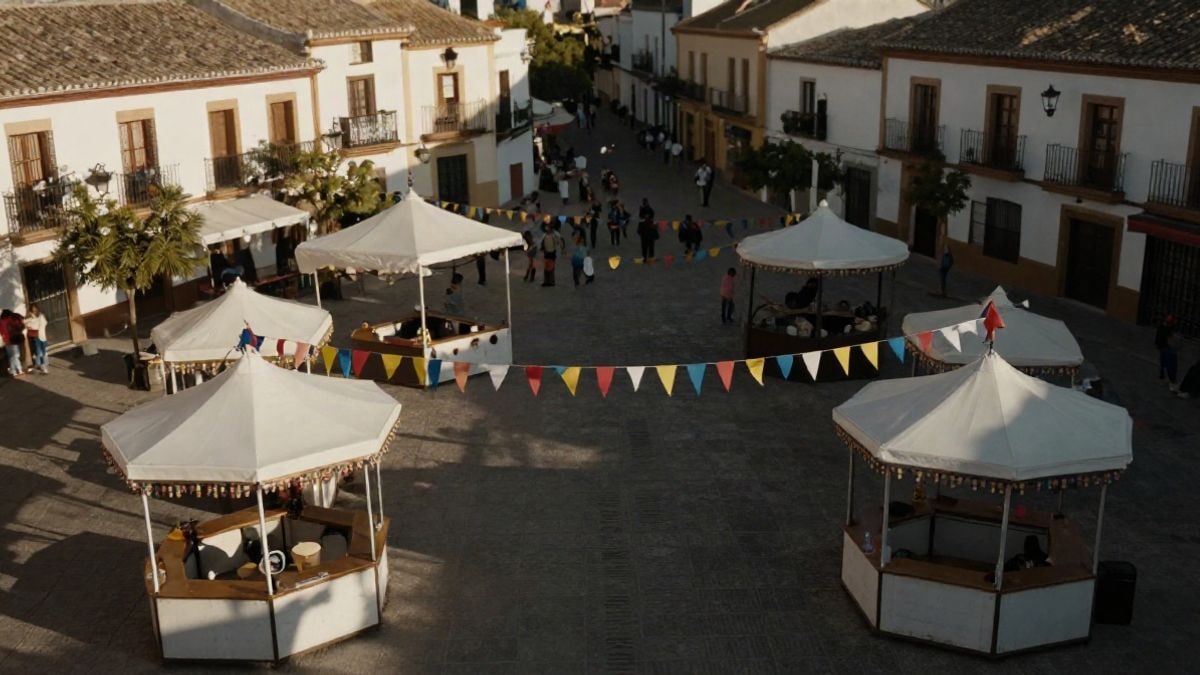 Imagen ilustrativa: plaza de un pueblo español con casetas blancas y banderines durante una feria diurna