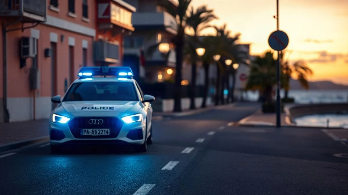 Illustrative image: a local police car parked on a street in a coastal municipality at sunset.