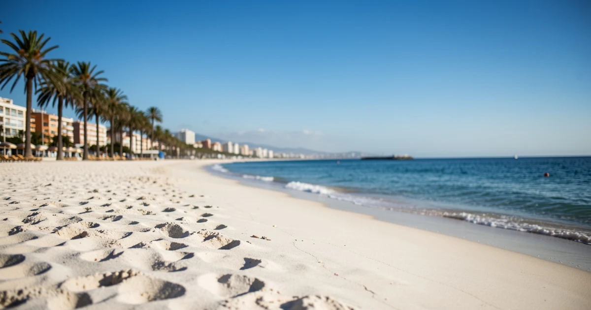 Playa soleada de Málaga con cielo azul y mar en calma