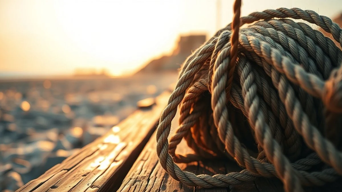 Imagen ilustrativa: cuerdas y redes de pesca sobre tablones de madera al atardecer en una playa mediterránea.