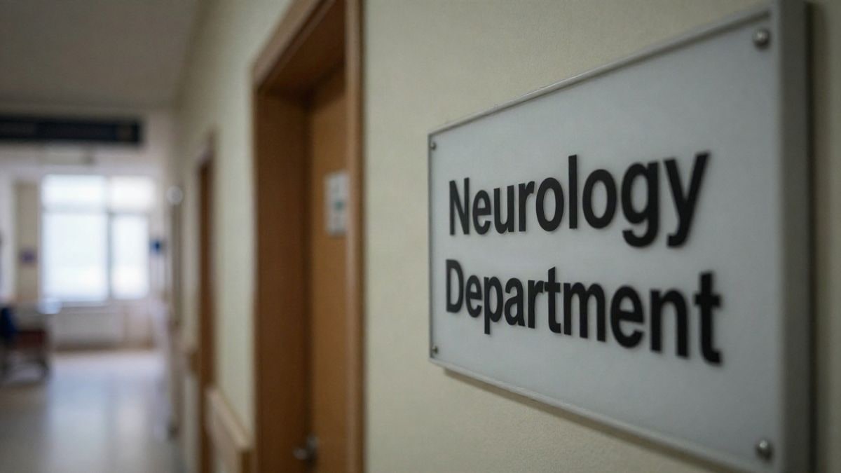 Illustrative image: generic neurology sign in a hospital, with a blurred corridor in the background