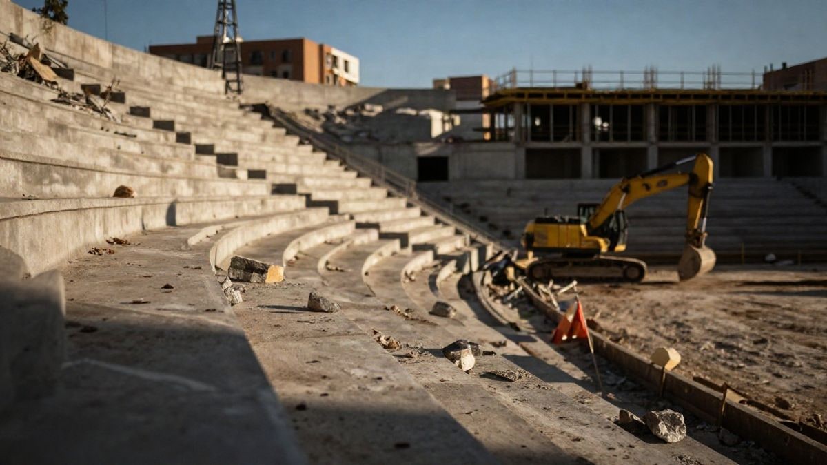 Illustrative image: remains of a demolished concrete stand at a construction site with machinery in the background