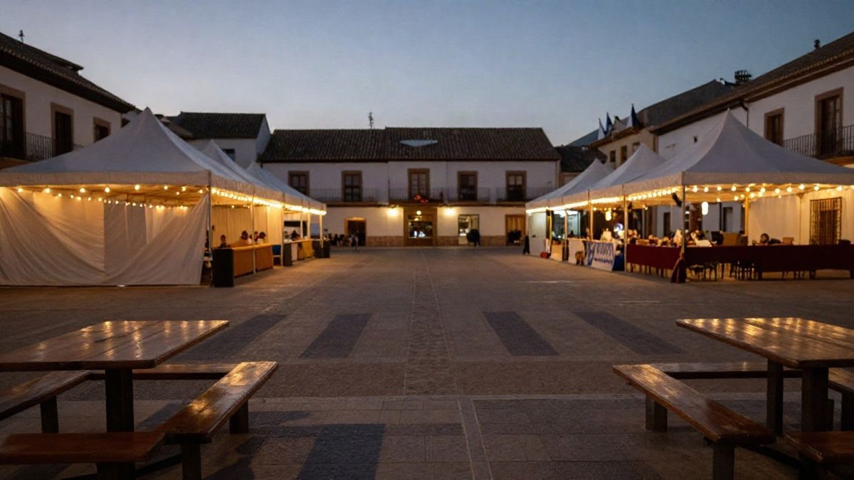 Illustrative image: urban square at sunset with fair lights and empty tables, lines converging towards the center