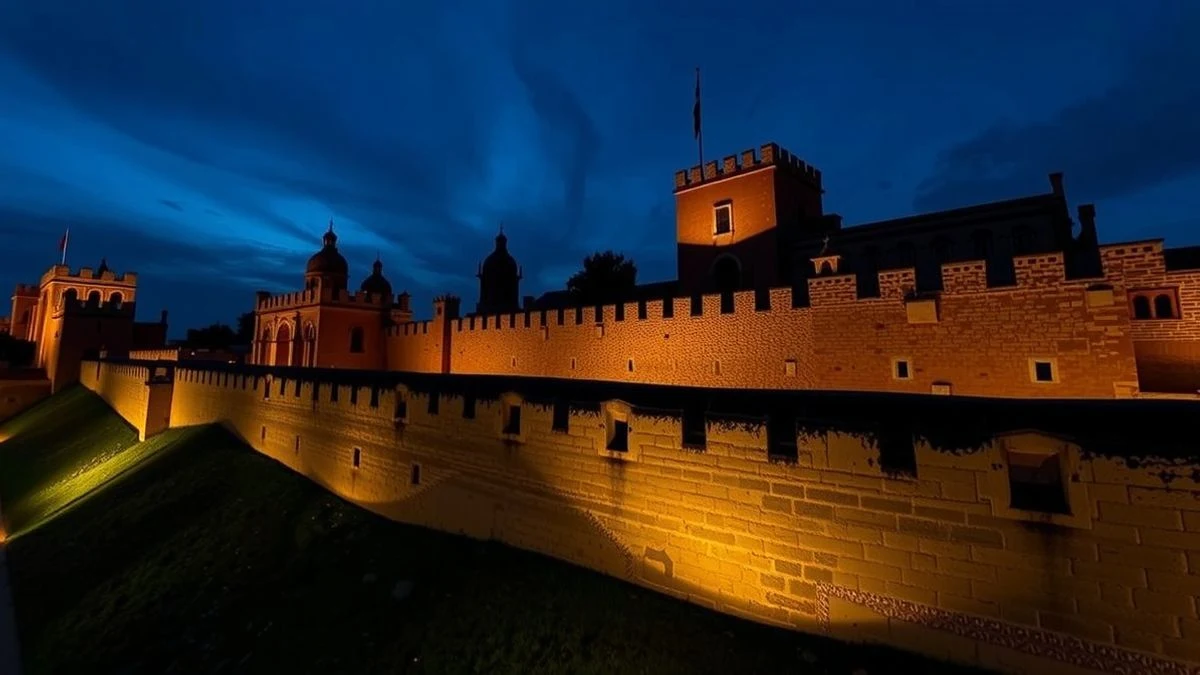 Muralla de la Alcazaba de Antequera al atardecer, con luz dramática y sombras largas