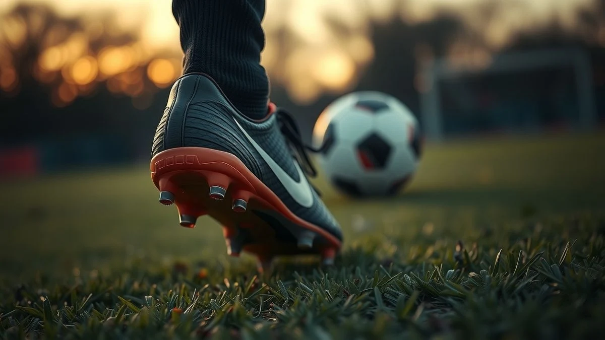 Close-up of a football boot on wet grass at sunset, with a blurred ball in the background.
