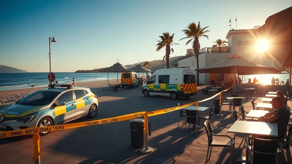 Illustrative image: a beach bar on the front line with a police car and an ambulance, police tape cordoning off the area at sunset.