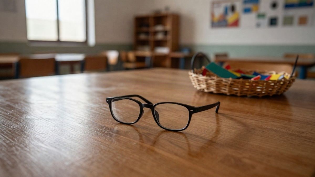 Imagen ilustrativa: mesa de madera con gafas y una cesta de mimbre en un centro social, luz cálida de ventana