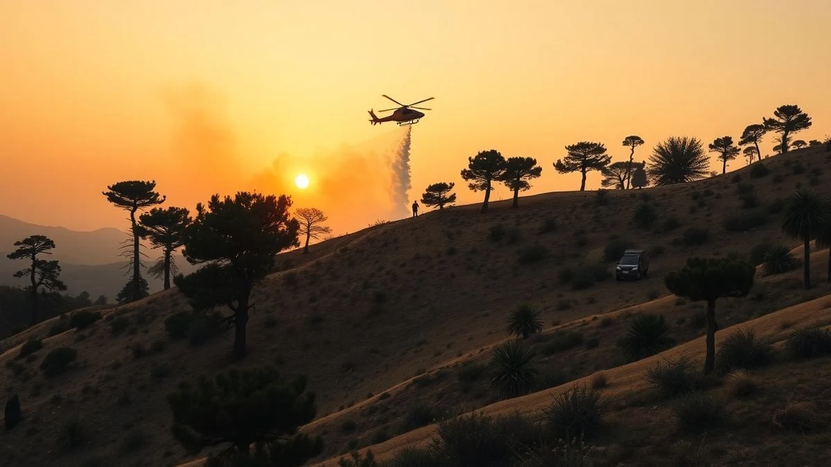 Imagen ilustrativa: helicóptero descargando agua sobre una ladera forestal en llamas al atardecer.
