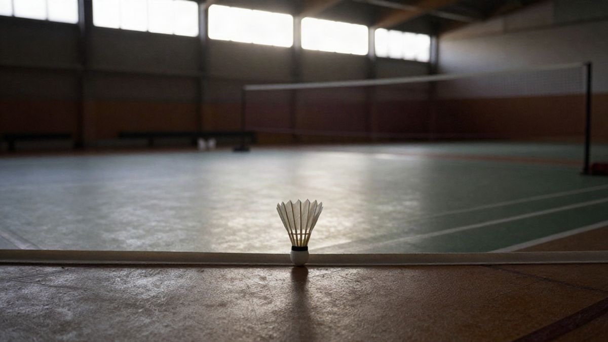 Illustrative image: a badminton shuttlecock over the net in an empty indoor court