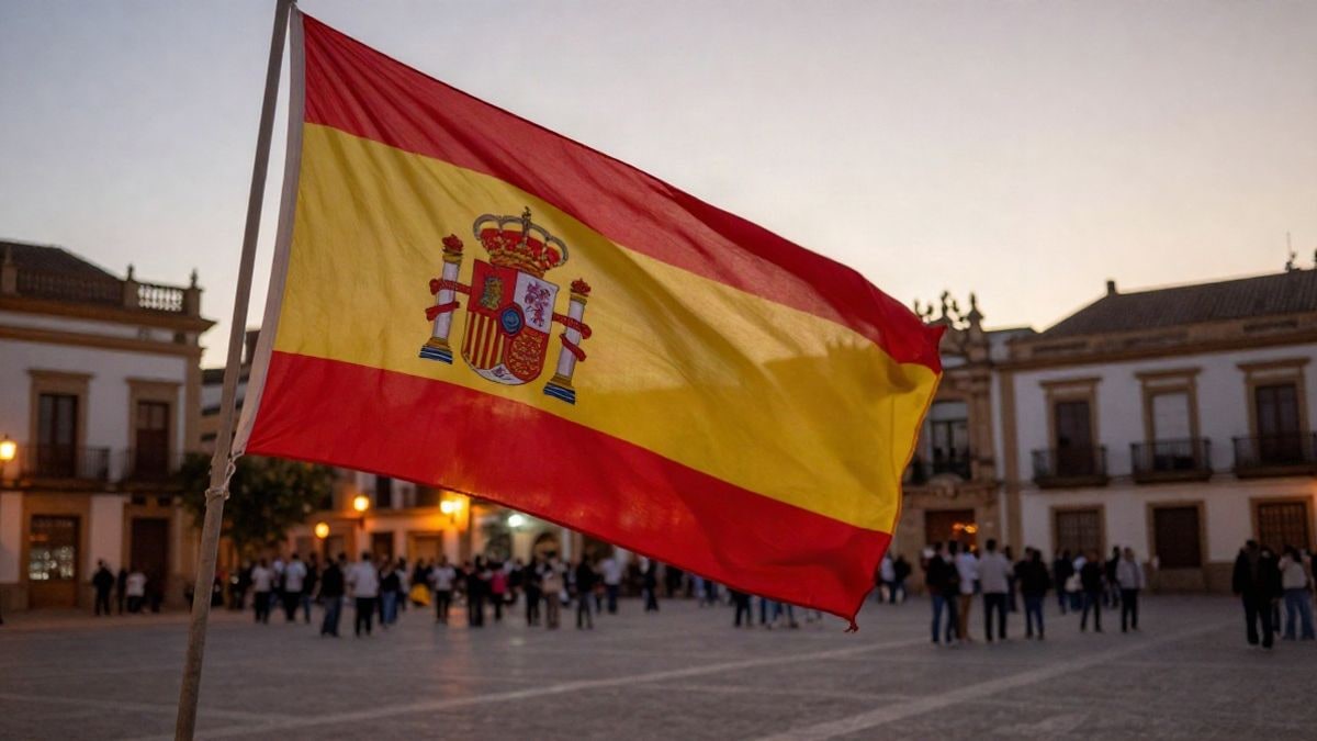 Imagen ilustrativa: una bandera de España ondeando en una plaza al atardecer, con una multitud de espaldas desenfocada