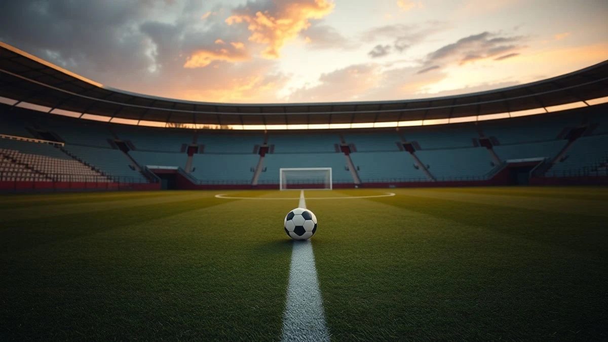 Imagen ilustrativa: campo de fútbol vacío en Marbella al atardecer, con un balón en el centro y las gradas de fondo.
