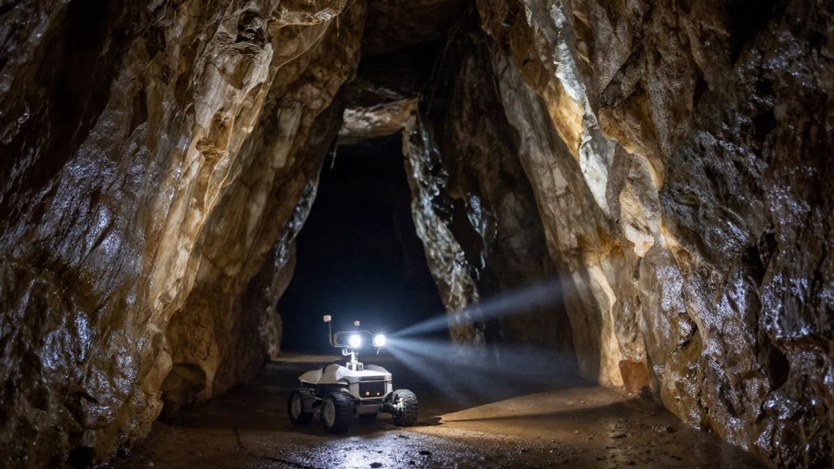 Imagen ilustrativa: un pequeño robot con sensores ilumina una cueva kárstica genérica durante una exploración nocturna
