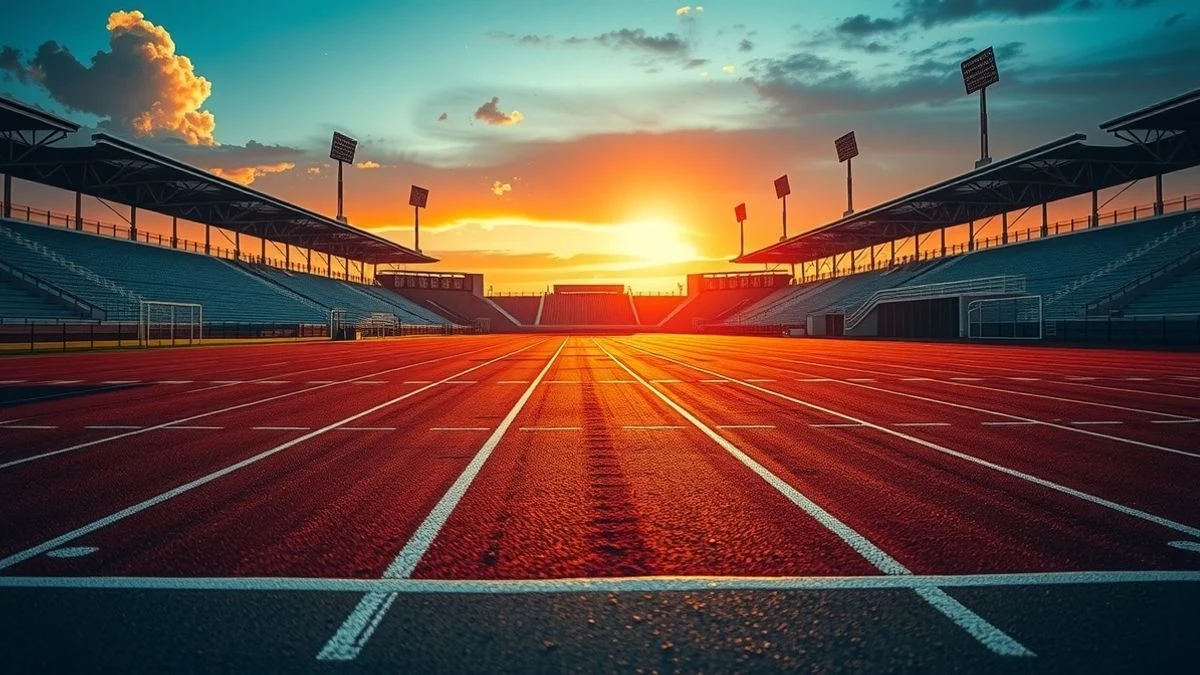 Imagen ilustrativa: pista de atletismo vacía al atardecer con líneas convergentes hacia la meta.