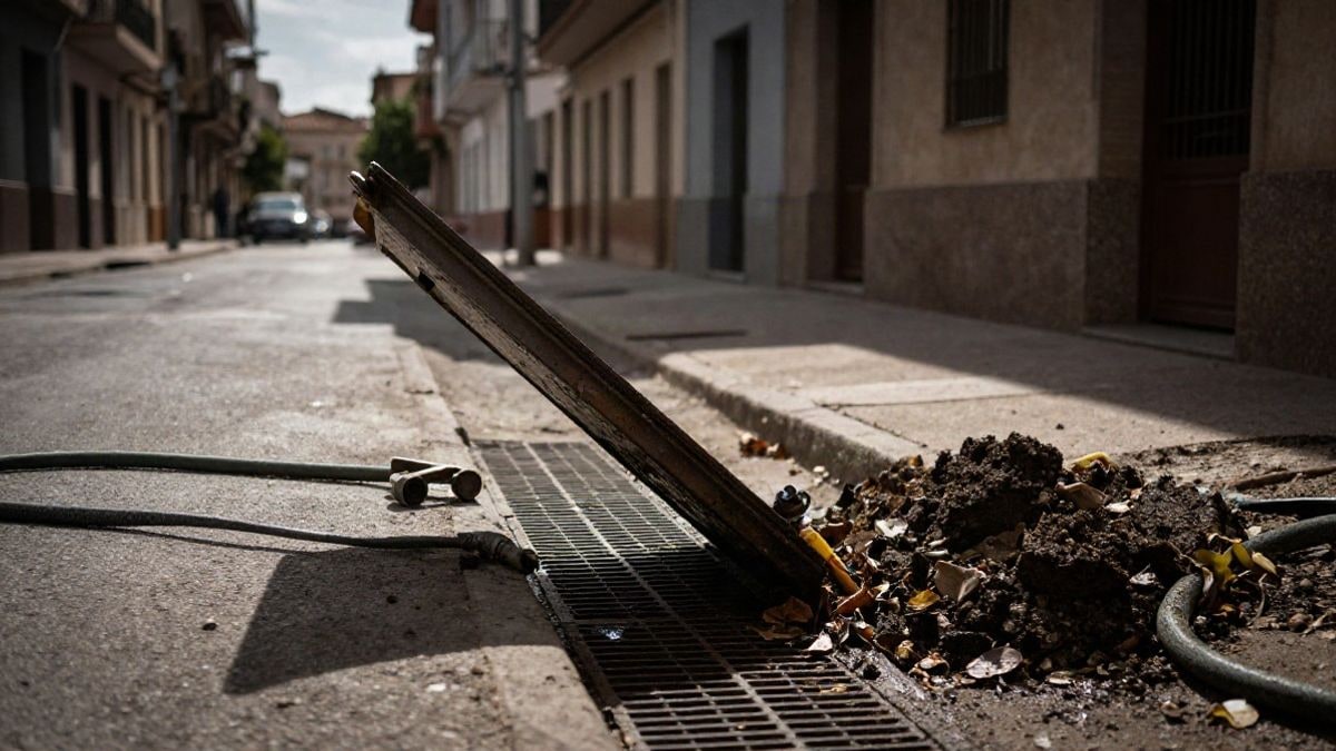 Illustrative image: municipal drain on a street with raised grate and accumulated sediment alongside cleaning tools