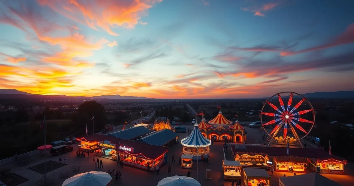 Vista aérea de un recinto ferial iluminado al atardecer con una noria y casetas vacías