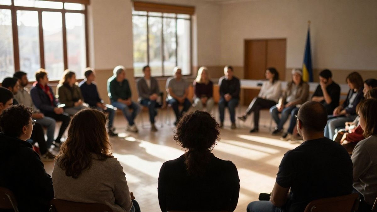Imagen ilustrativa: personas mayores de espaldas sentadas en círculo en un salón comunitario iluminado por el sol
