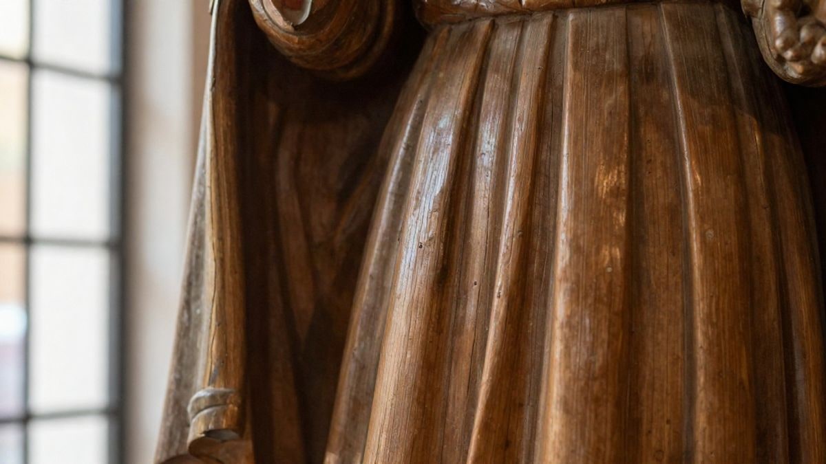 Imagen ilustrativa: detalle de la textura de la madera de una talla religiosa restaurada