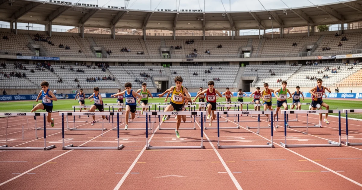 Young athletes competing in a 400m race at a Spanish athletics championship
