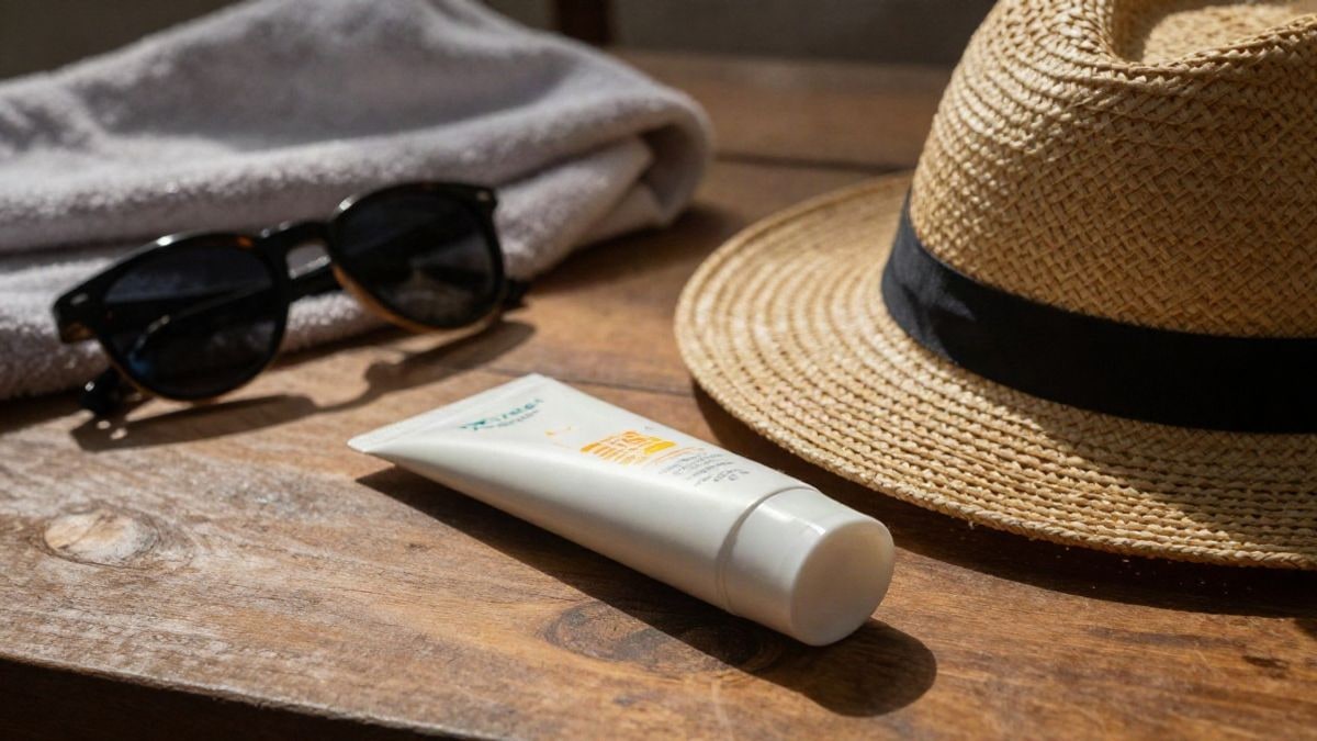 Imagen ilustrativa: crema solar, sombrero y gafas de sol sobre una mesa de madera al sol