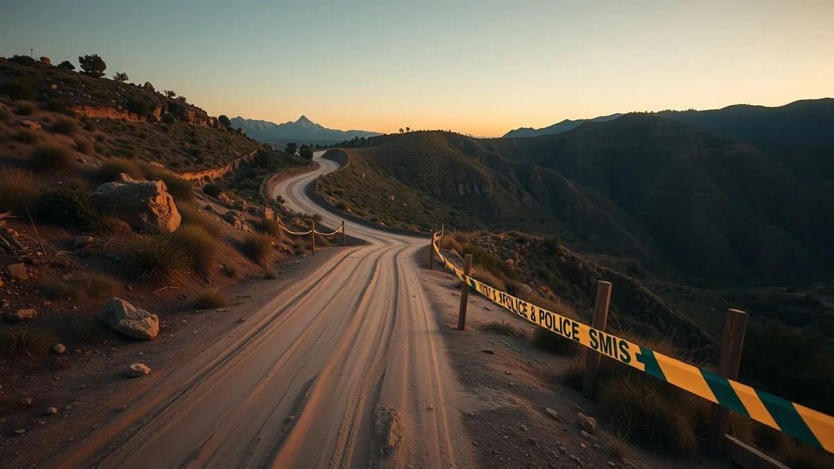 Illustrative image: dirt path leading to an abandoned quarry at sunset, with police tape