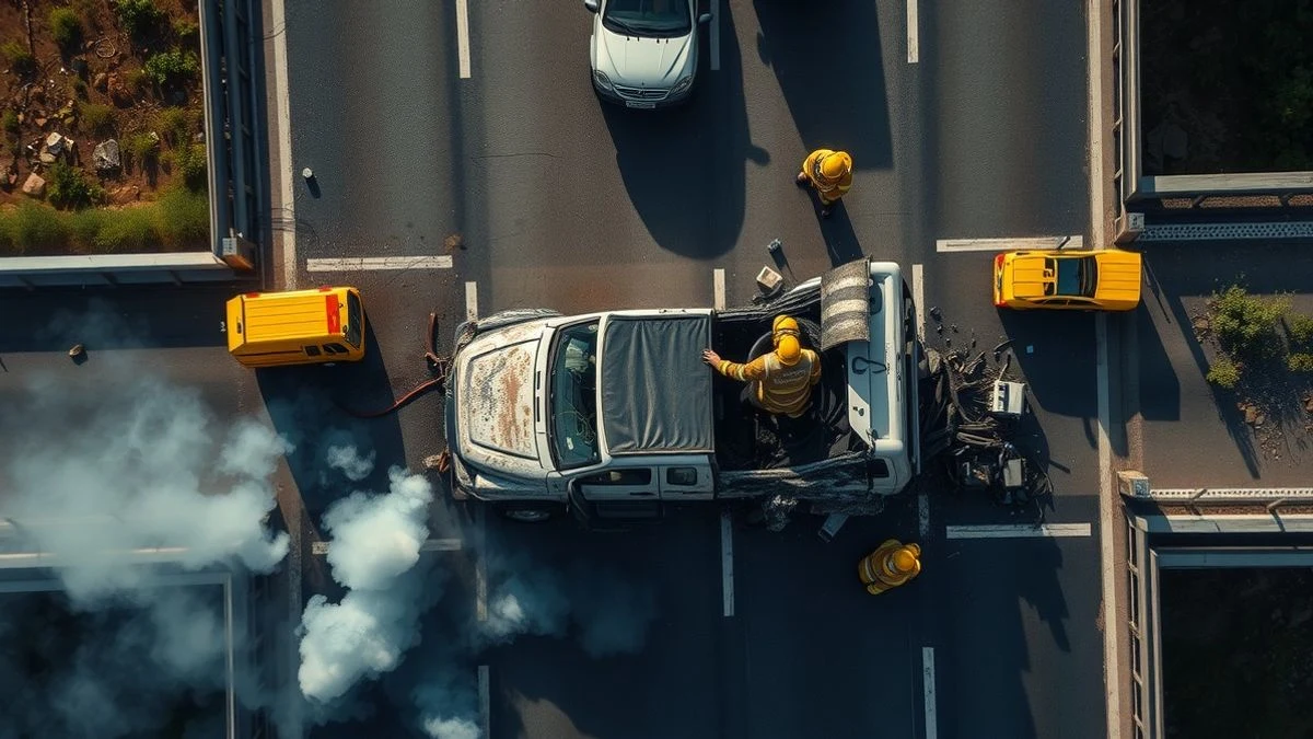 Aerial view of a crashed and burning truck on a bridge of the AP-7, with emergency vehicles around