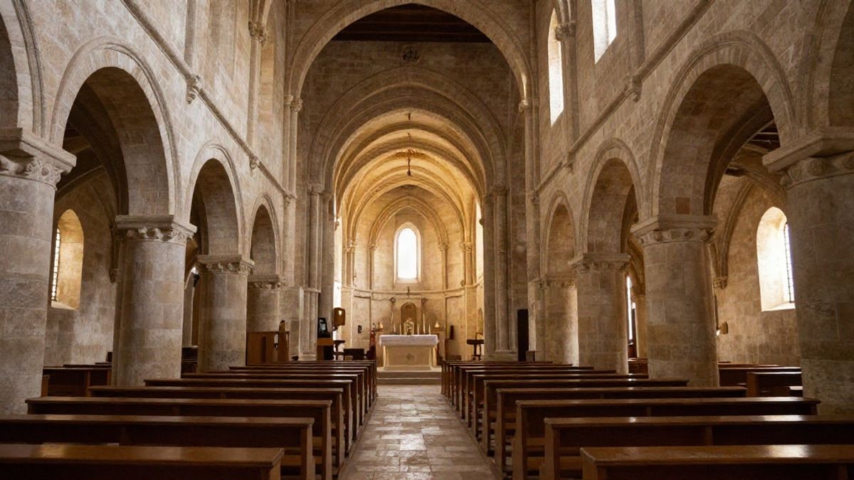 Imagen ilustrativa: interior de un templo histórico con arcos y bancos vacíos iluminado por luz natural