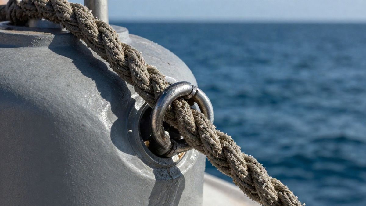 Imagen ilustrativa: detalle de un cabo de amarre con argolla metálica y una boya fondeada en el mar