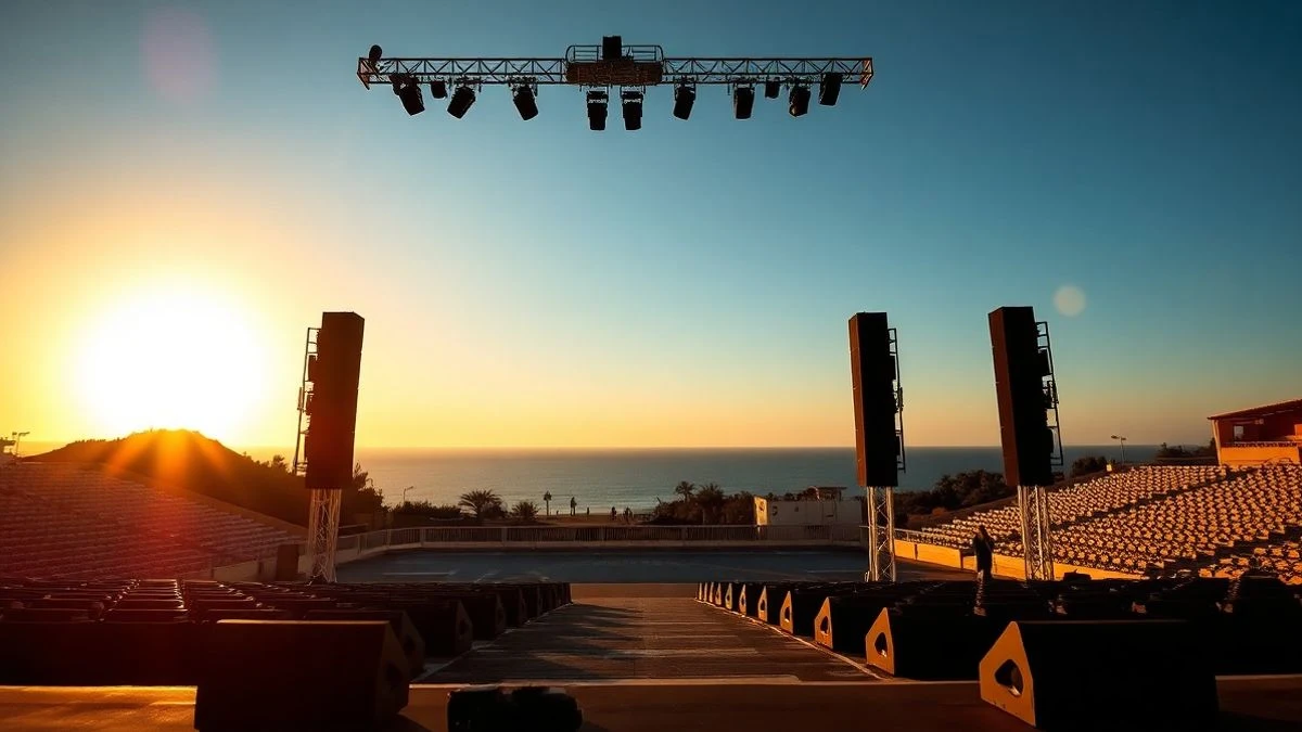Illustrative image: outdoor stage at sunset with silhouettes of sound equipment and long shadows.