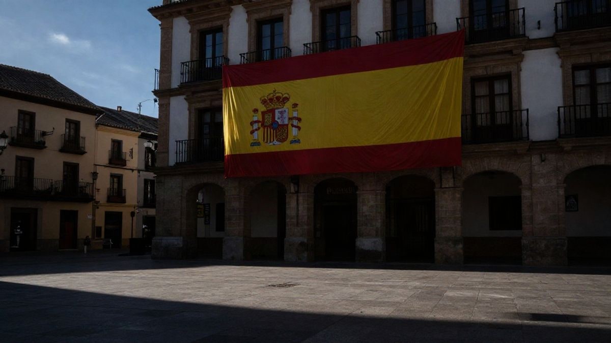 Illustrative image: a Spanish square at sunset with a Spanish flag waving on a town hall building and silhouettes of people in the background.