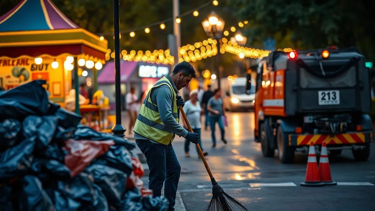 Imagen ilustrativa: un operario de limpieza barriendo junto a casetas feriales al atardecer, con bolsas de basura y un camión de limpieza al fondo.