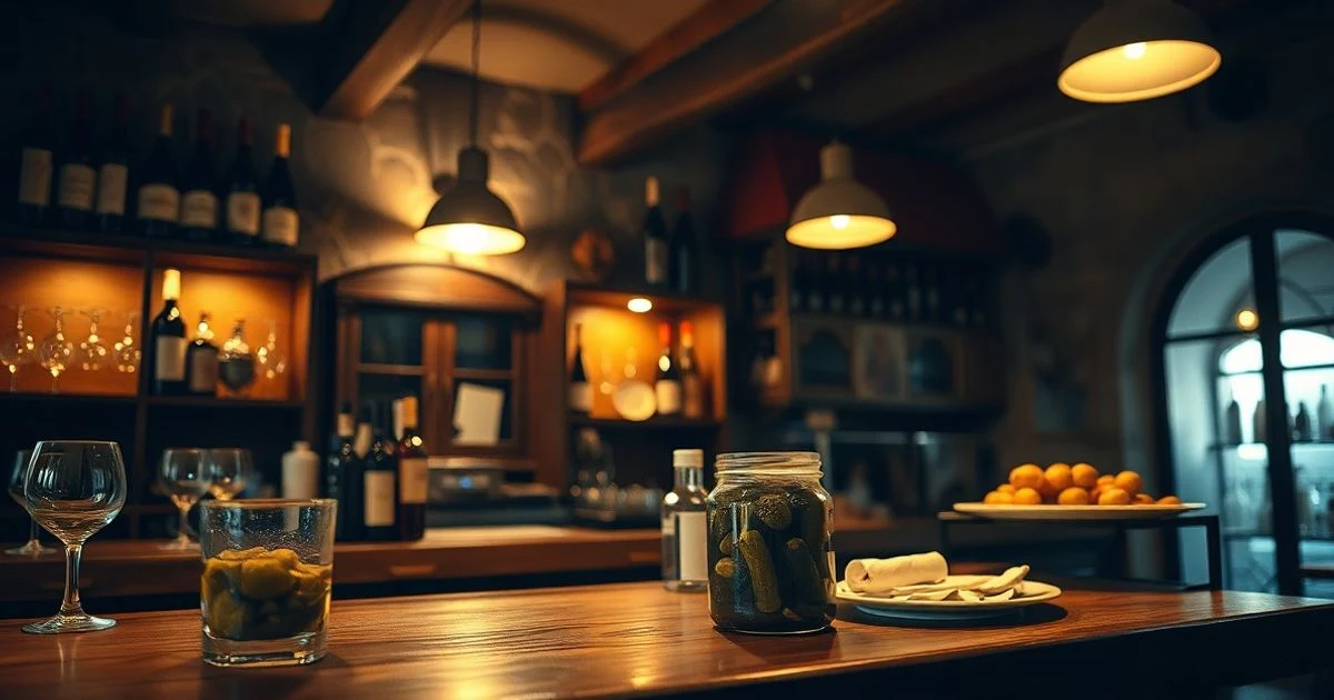 Interior of a tavern with wooden bar, wine bottles, and flamenquín dish