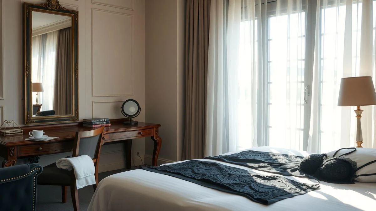 Imagen ilustrativa: habitación de hotel con lencería negra sobre la cama y una taza de café, luz natural suave.