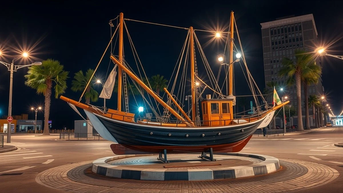 Imagen ilustrativa: un barco pesquero tradicional de madera sobre una rotonda urbana iluminada de noche.