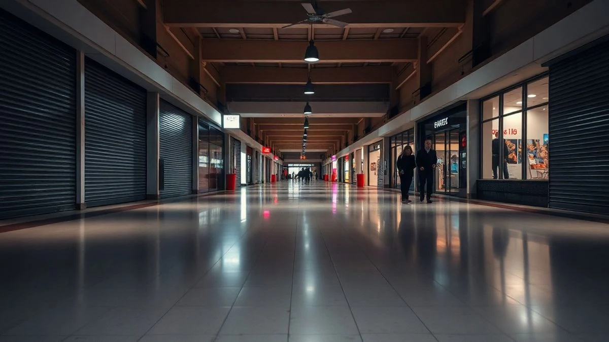 Imagen ilustrativa: pasillo de un centro comercial con las tiendas cerradas y las persianas bajadas al atardecer.