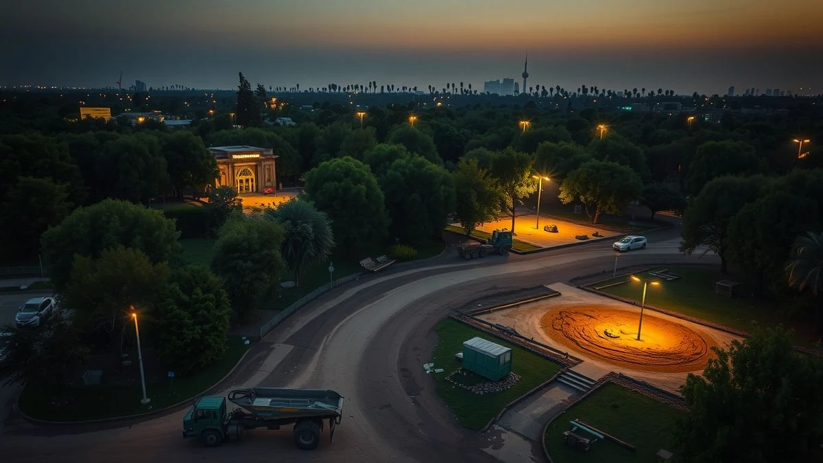 Imagen ilustrativa: vista aérea de un gran parque en construcción al atardecer, con maquinaria y caminos iluminados por farolas.