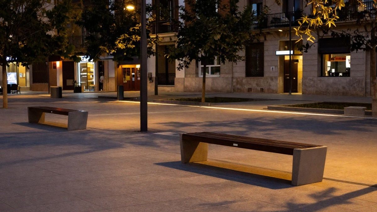 Illustrative image: modern urban square at sunset with long shadows and LED lights on the ground