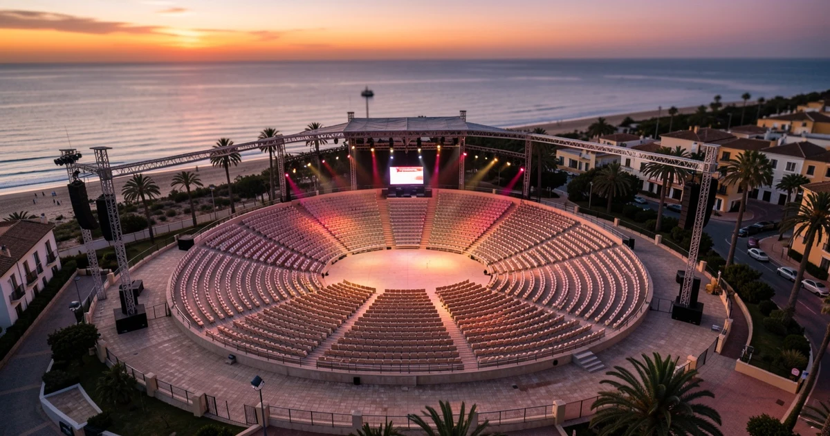 Vista aérea del auditorio de Starlite Marbella al atardecer, con el escenario vacío y el mar de fondo