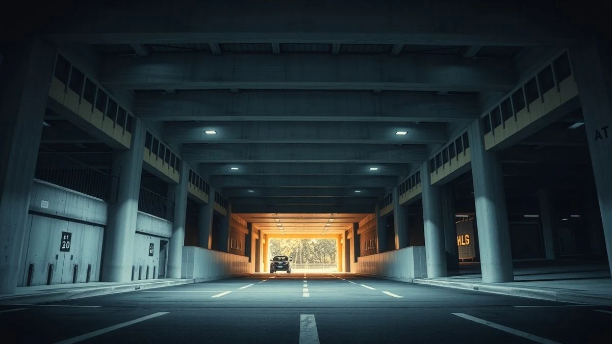 Entrance of an underground car park with ramp and neon lights, without people or vehicles