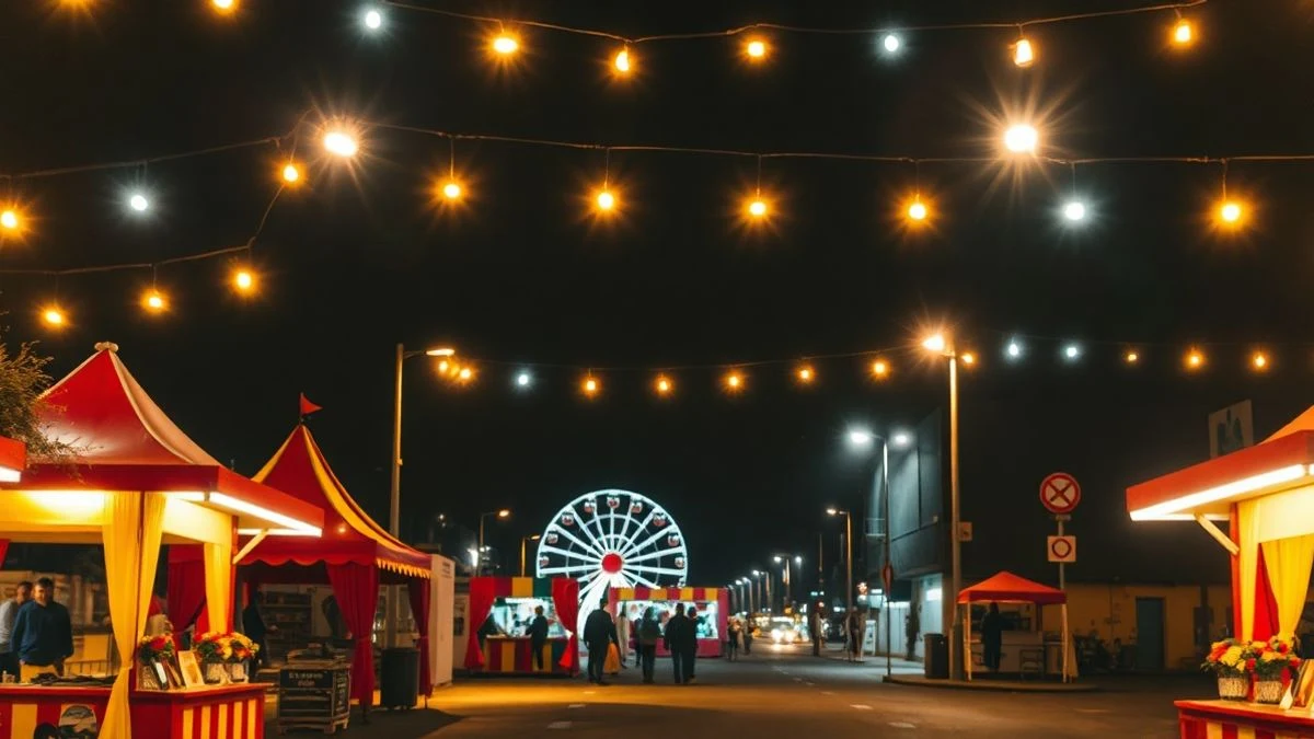 Imagen ilustrativa: recinto ferial iluminado de noche con casetas y noria al fondo