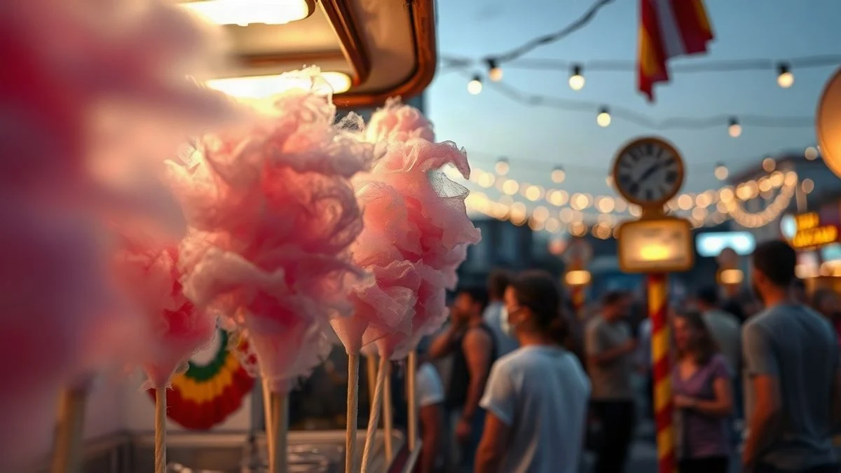 Illustrative image: a illuminated cotton candy stall at sunset in a festive atmosphere.