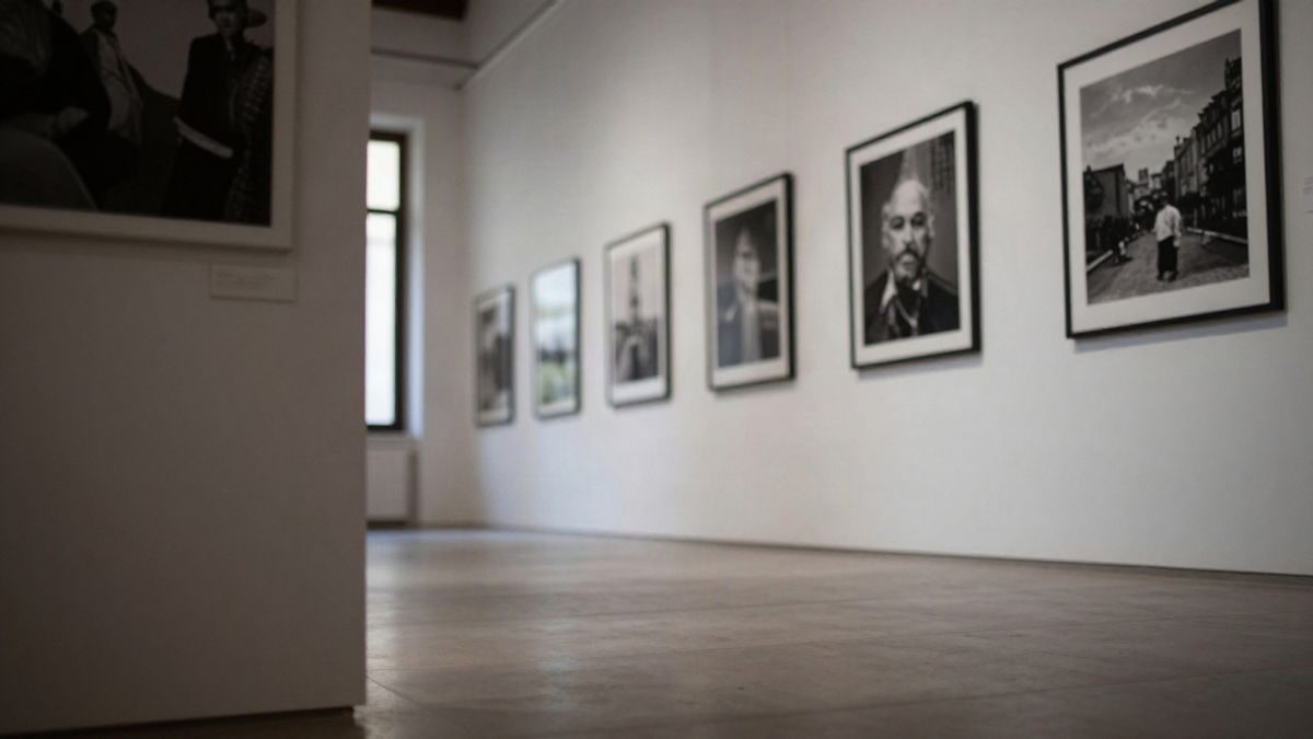 Illustrative image: exhibition hall with framed photographs hanging on the wall and lateral natural light