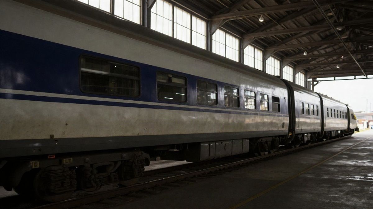 Imagen ilustrativa: interior de una nave industrial de mantenimiento ferroviario con un tren en primer plano y luz natural entrando por las ventanas
