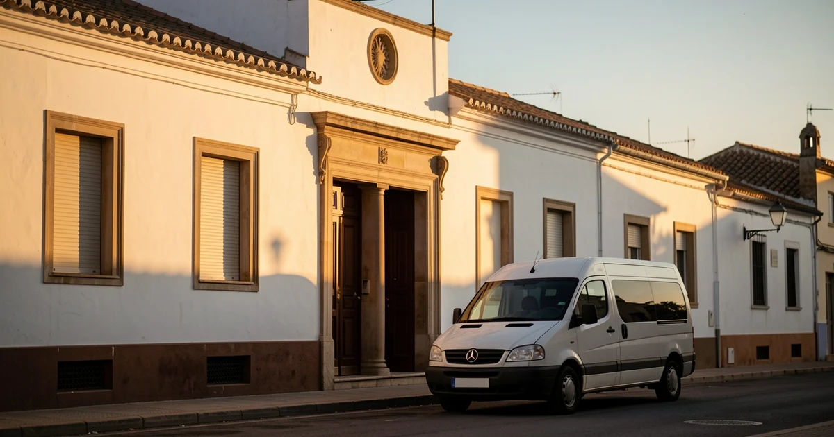 Fachada del Ayuntamiento de Frigiliana al atardecer con un vehículo de la Guardia Civil estacionado