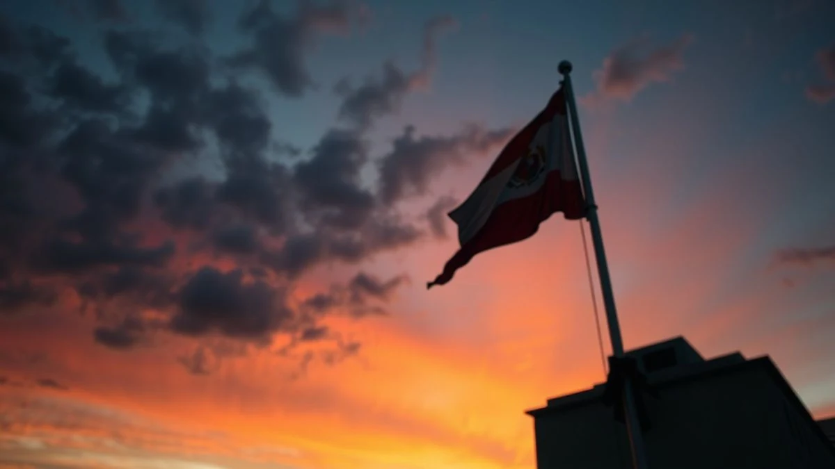 Imagen ilustrativa: crespón negro en un asta de bandera al atardecer, con la enseña a media asta.