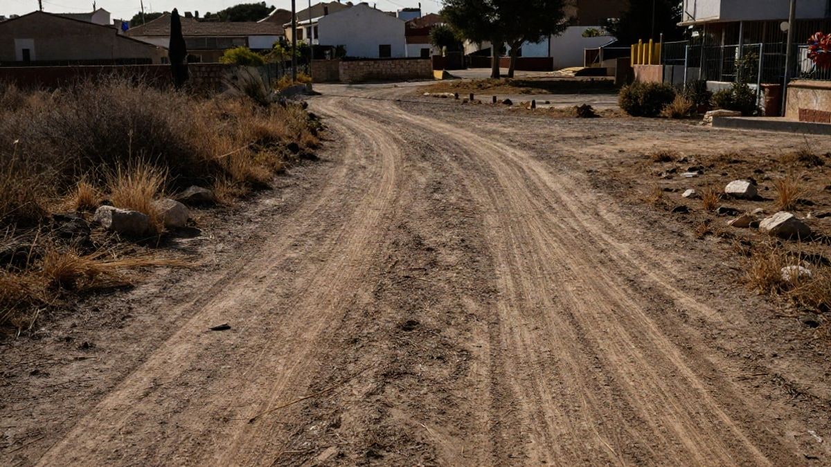 Illustrative image: cleared uncultivated land on the outskirts of a municipality, with buildings in the background