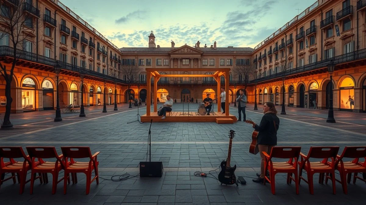 Imagen ilustrativa: vista aérea de una plaza con escenario vacío y atardecer de fondo