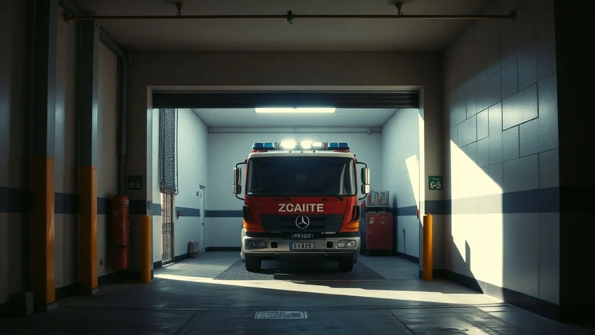 Ground-level view of a fire station with a truck inside, natural light coming through the door