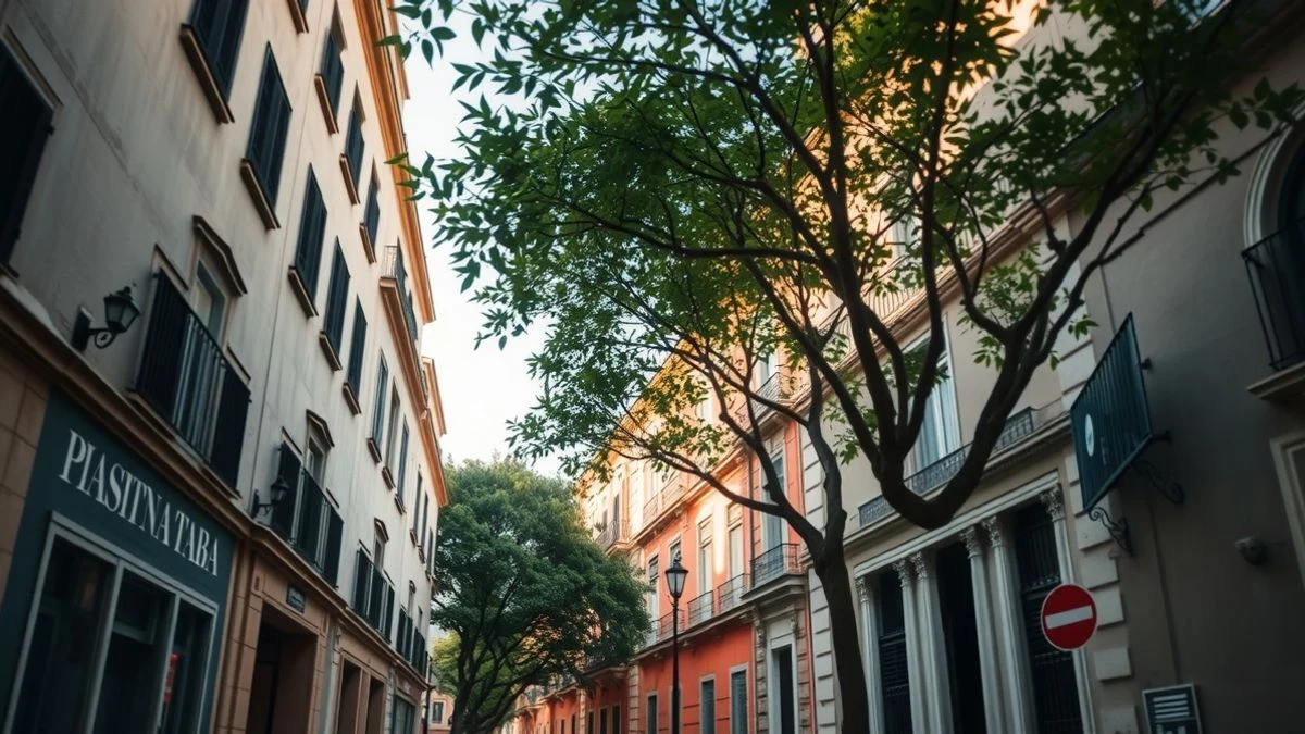 Imagen ilustrativa: calle peatonal con arbolado y farolas al atardecer