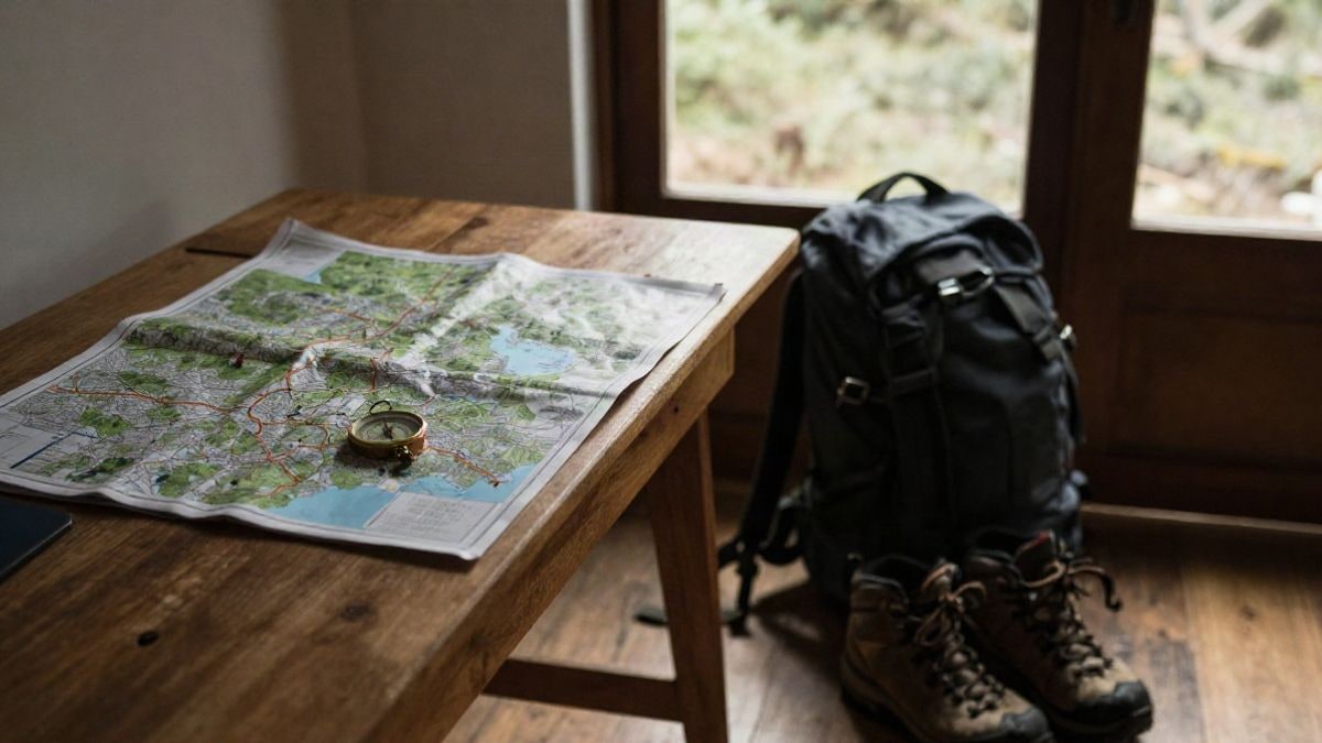 Imagen ilustrativa: interior con luz de ventana lateral, mapa, brújula y mochila sobre una mesa